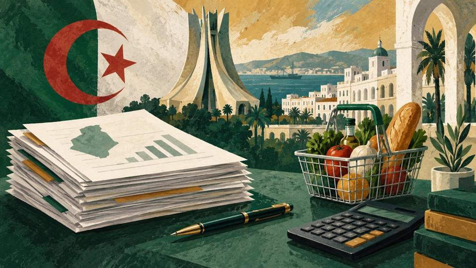 Illustrazione di documenti di bilancio, una calcolatrice e un cestino di alimenti davanti a una veduta stilizzata di Algeri