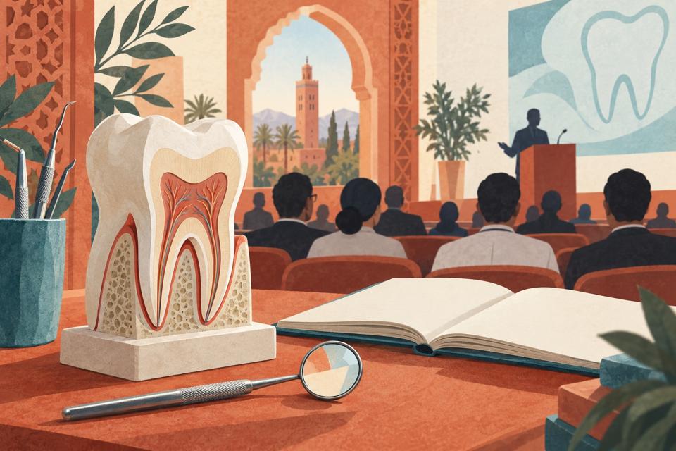 Ilustración simbólica de un modelo dental y un cuaderno ante un auditorio inspirado en Marrakech