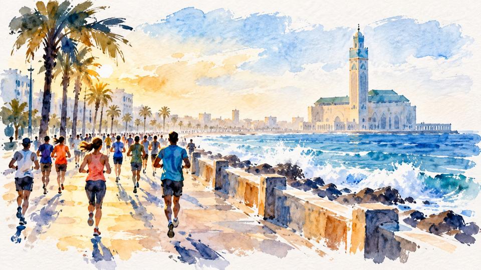 رسم مائي رمزي لعدائين في شارع قرب مسجد الحسن الثاني