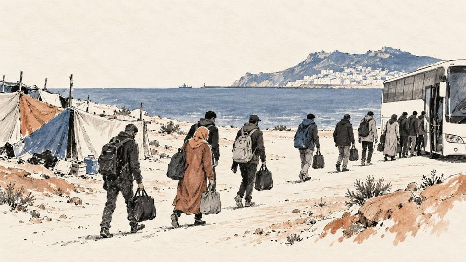 Dibujo simbólico de personas que dejan un campamento costero hacia un autobús