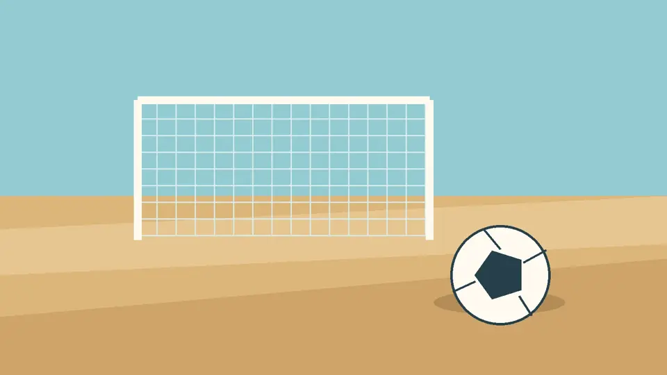 Illustrazione originale di un pallone e una porta sulla sabbia, senza raffigurare la partita.