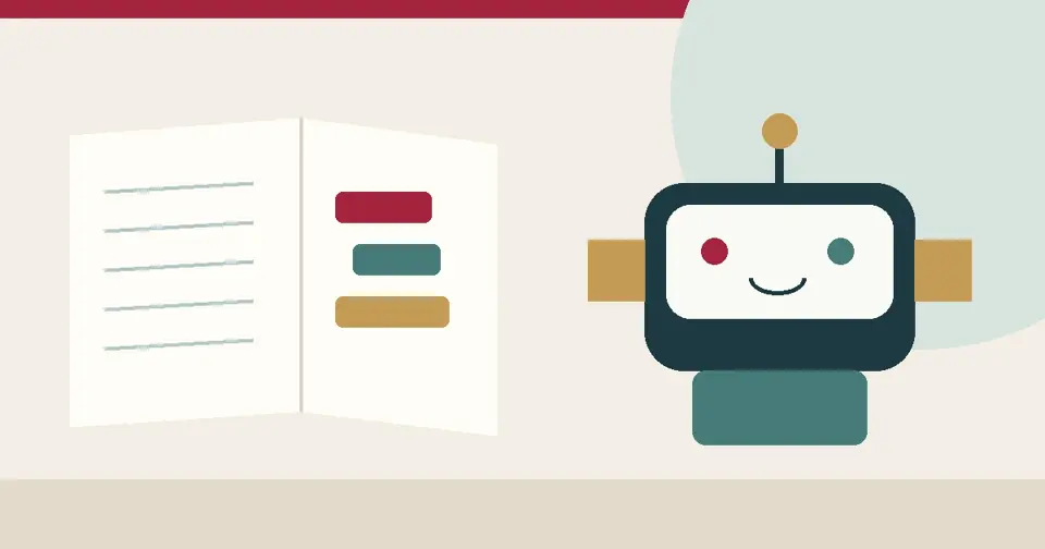 Originalkomposition mit offenem Heft, Programmierblöcken und stilisiertem Roboter. Symbolische Illustration, keine Darstellung der Karawane.