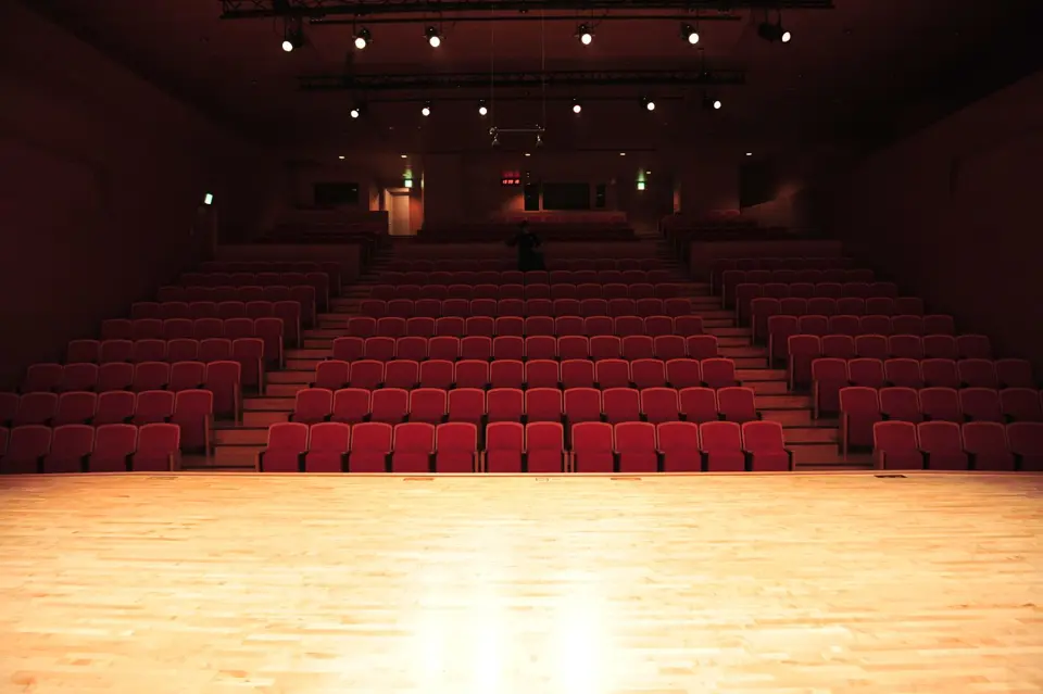 Poltrone e palcoscenico di un teatro, fotografia illustrativa. Non rappresenta una sede del FITUT.