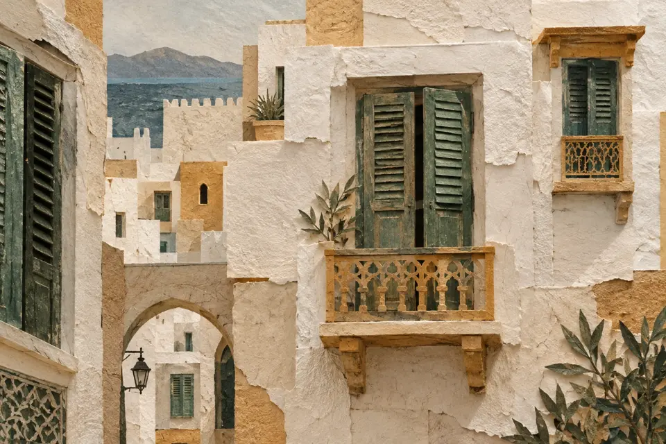 Collage simbolico di finestre e balconi, illustrazione generata senza riprodurre un dipinto