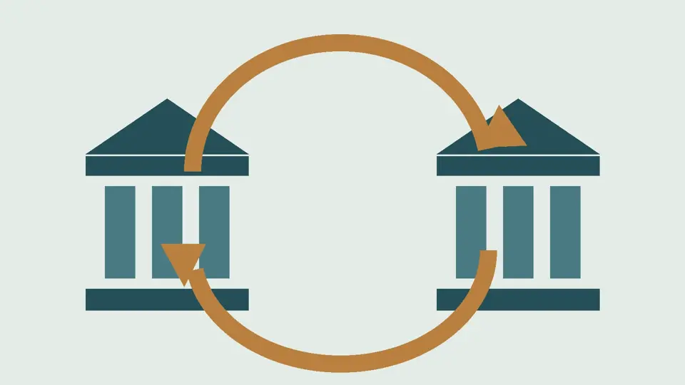 Originalillustration eines Liquiditätskreislaufs zwischen allgemeinen Bankgebäuden, ohne Maßstab oder bestimmte Institution.