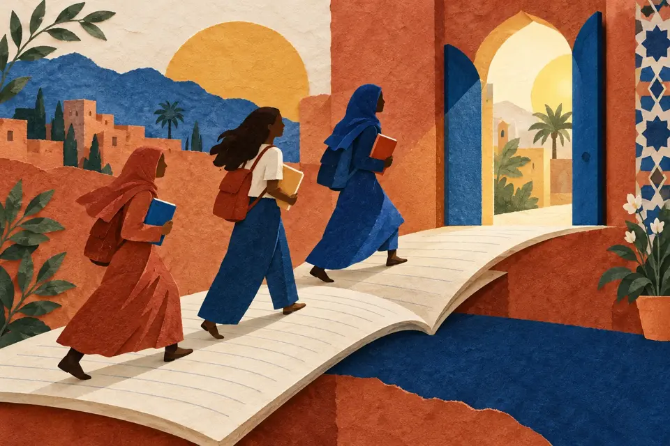 Symbolische Collage mit Büchern und anonymen Mädchensilhouetten