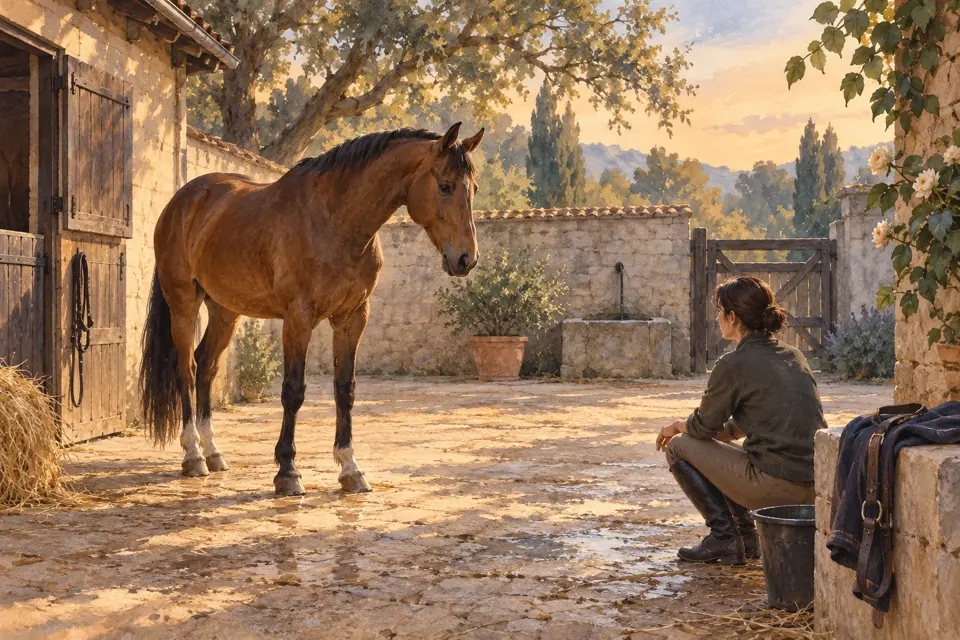 Horse and person in a courtyard, symbolic illustration