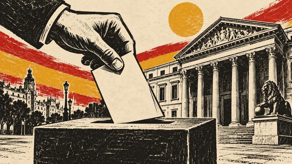 Dessin symbolique d’un bulletin glissé dans une urne devant des colonnes de Madrid