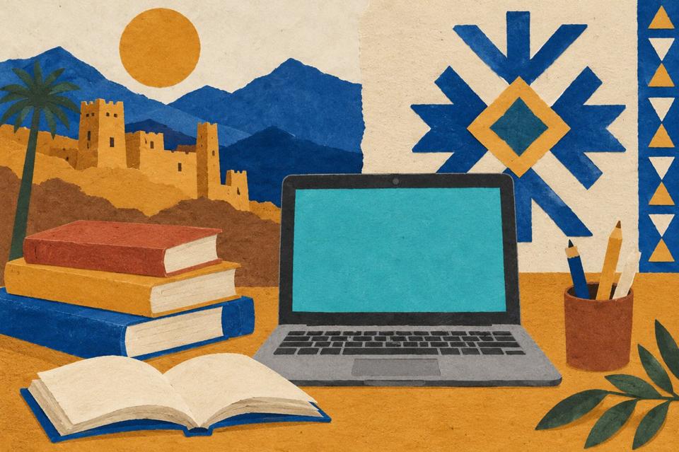 كولاج رمزي يضم حاسوبا وكتبا