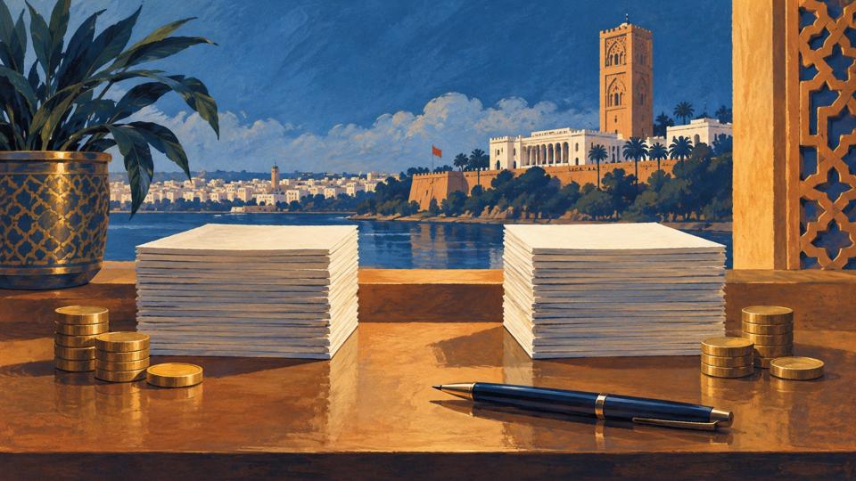 Symbolic illustration of blank ledgers and unmarked coins on a Rabat-inspired desk