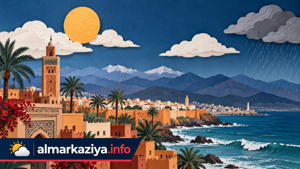 Illustration météo du Maroc avec soleil, nuages et logo Almarkaziya.info