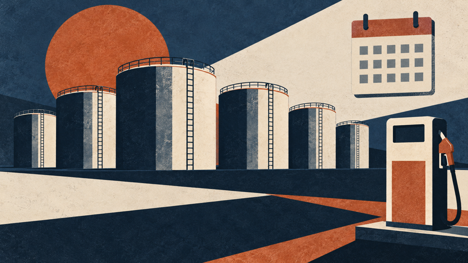 Illustration of oil storage tanks and a fuel pump