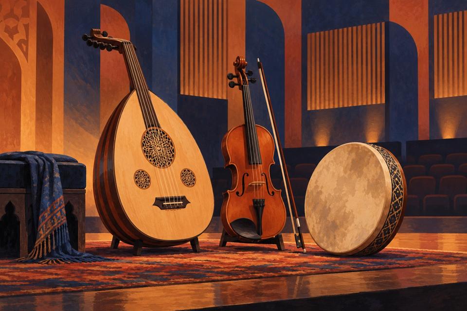 Illustration of an oud, violin and drum on an imaginary stage.