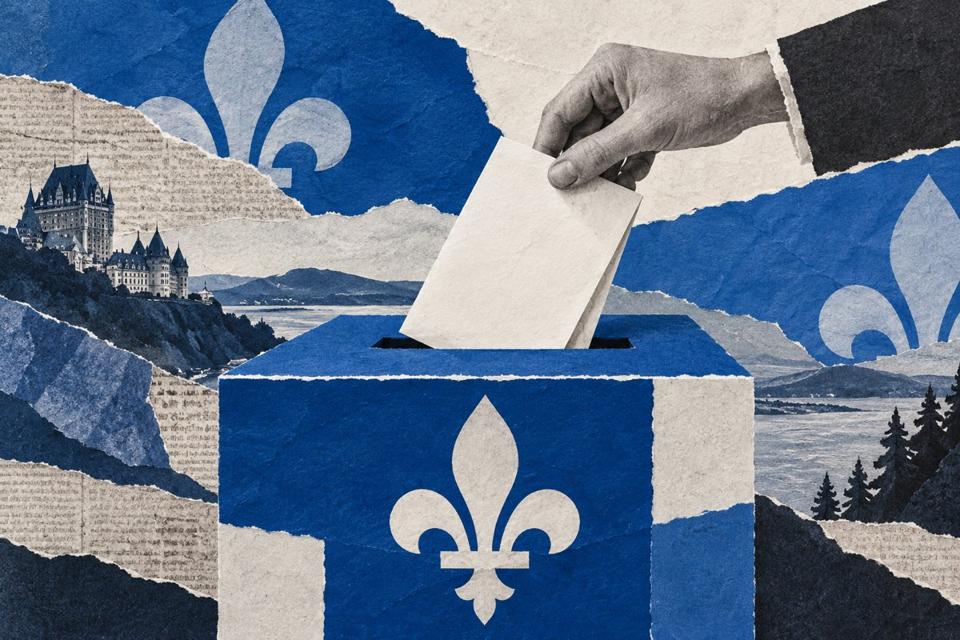 Symbolische Collage mit Wahlurne und Stimmzettel in Québec
