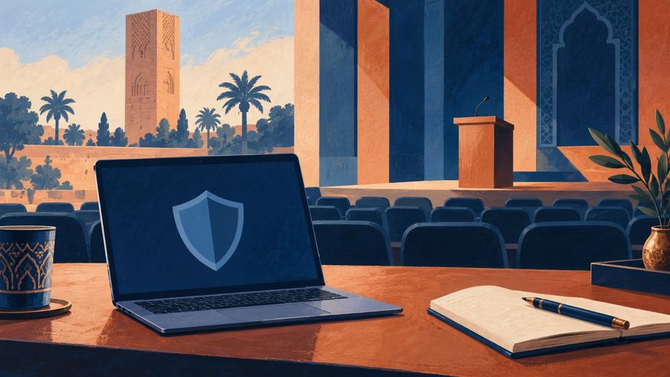 Ilustración simbólica de un ordenador con un escudo ante un auditorio inspirado en Rabat