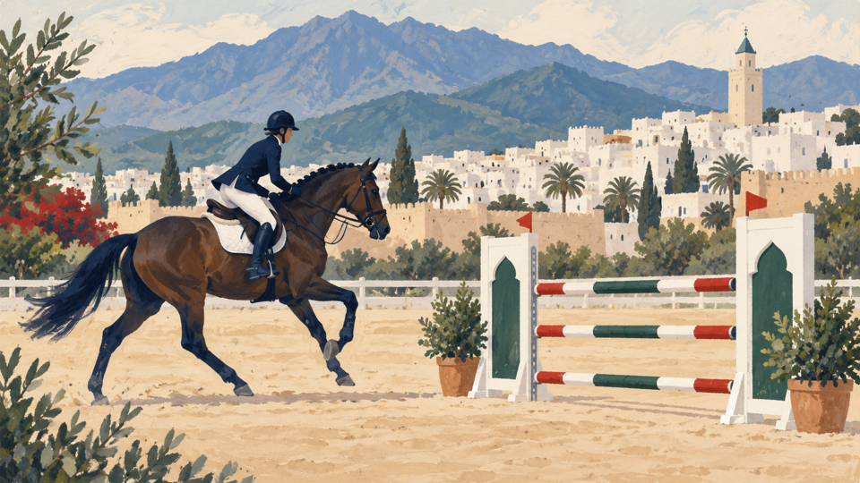 رسم لفارس مجهول وحصانه أمام حواجز، مع مدينة مغربية في الخلفية