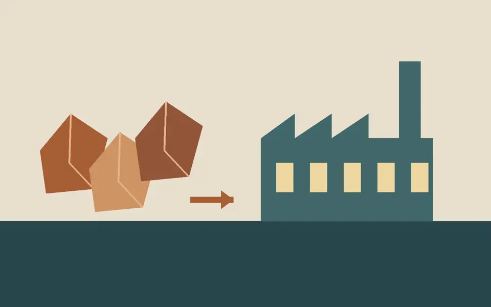 Originalillustration von Mineralien und einer Industrieanlage, ohne Darstellung eines realen Standorts.