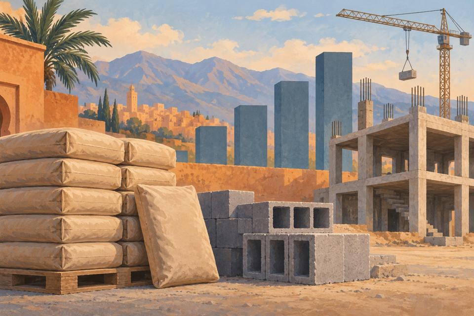 Conceptual illustration of cement sacks, concrete blocks and an imaginary construction site.